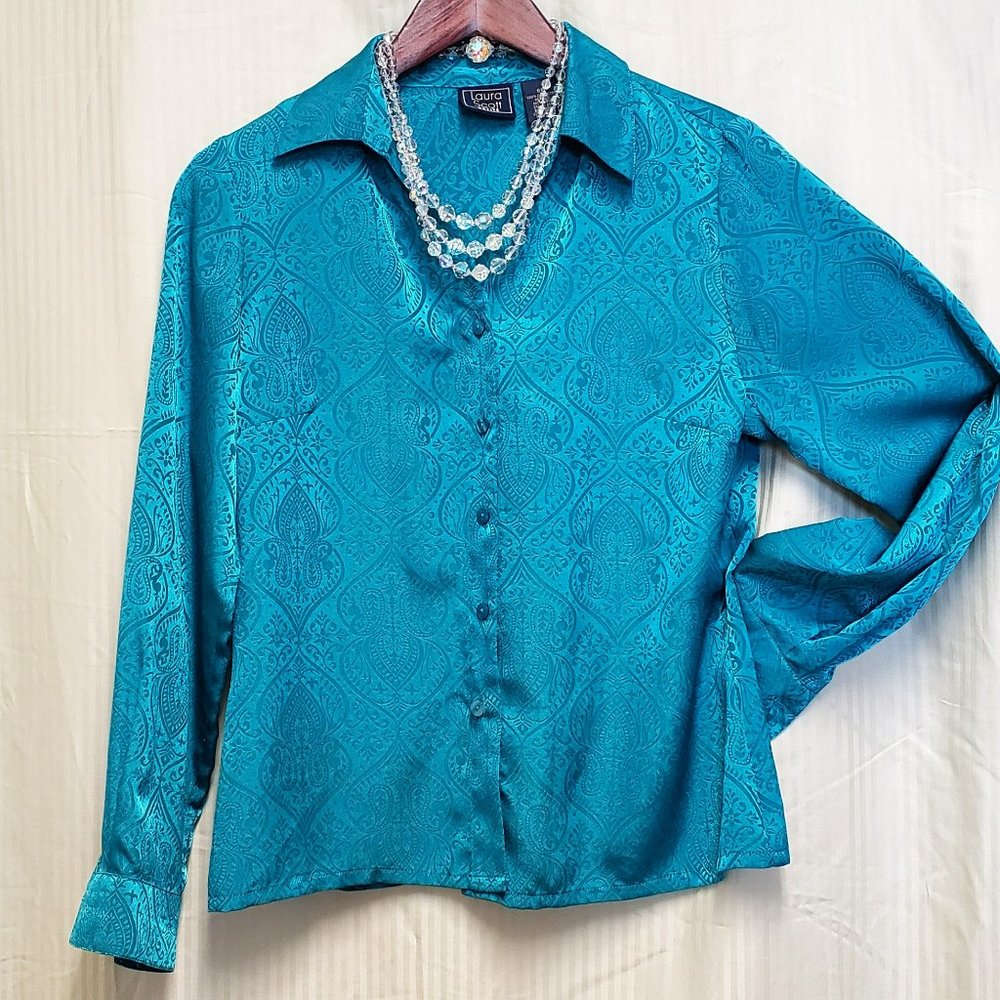 🍁Spring/Summer Silk like Teal Colored Long Sleeve Collar Blouse/Shirt.